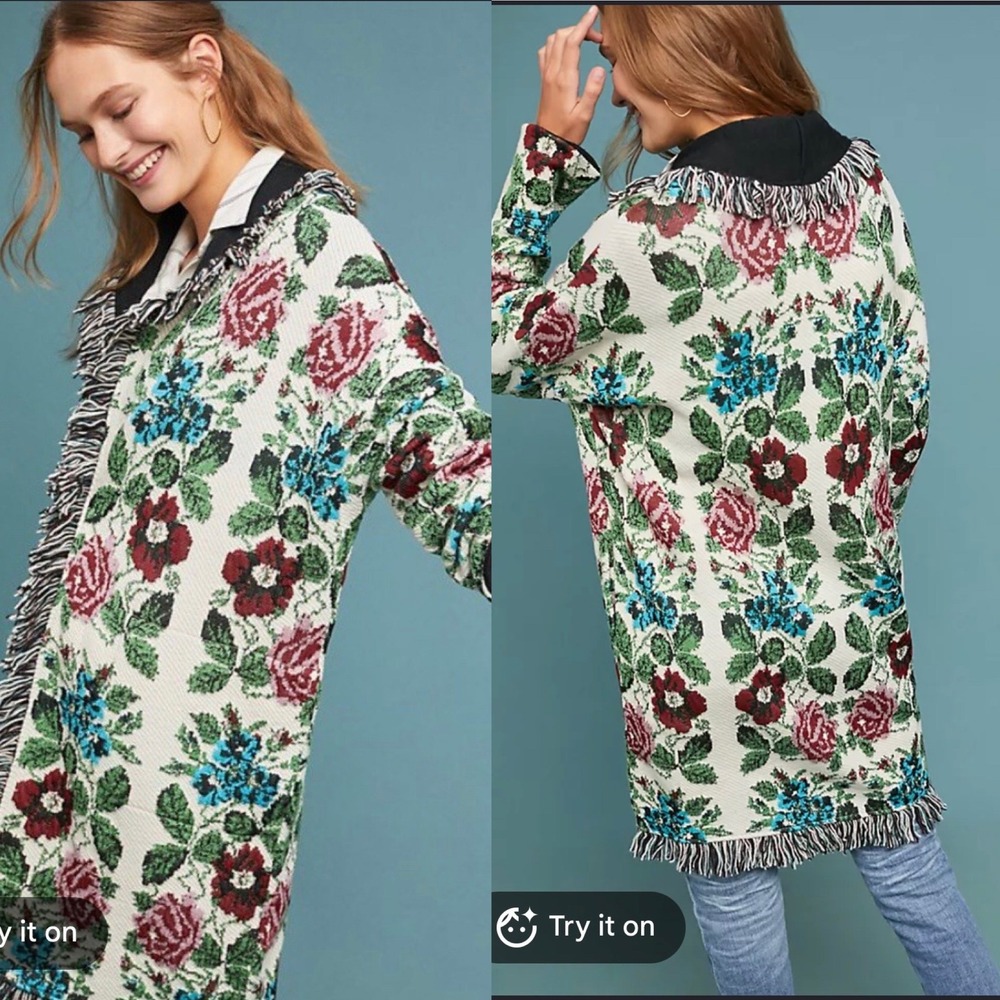 Aldomartins Floral Fringe Cardigan Sweater Longline Open Front Knit Intarsia